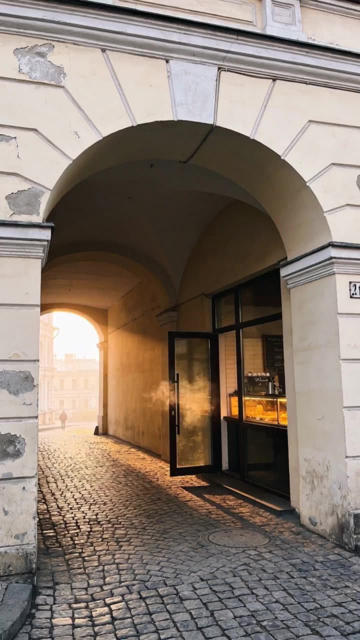 Ранкова арка на Подолі, камера йде крізь неї до скляних дверей кав’ярні праворуч